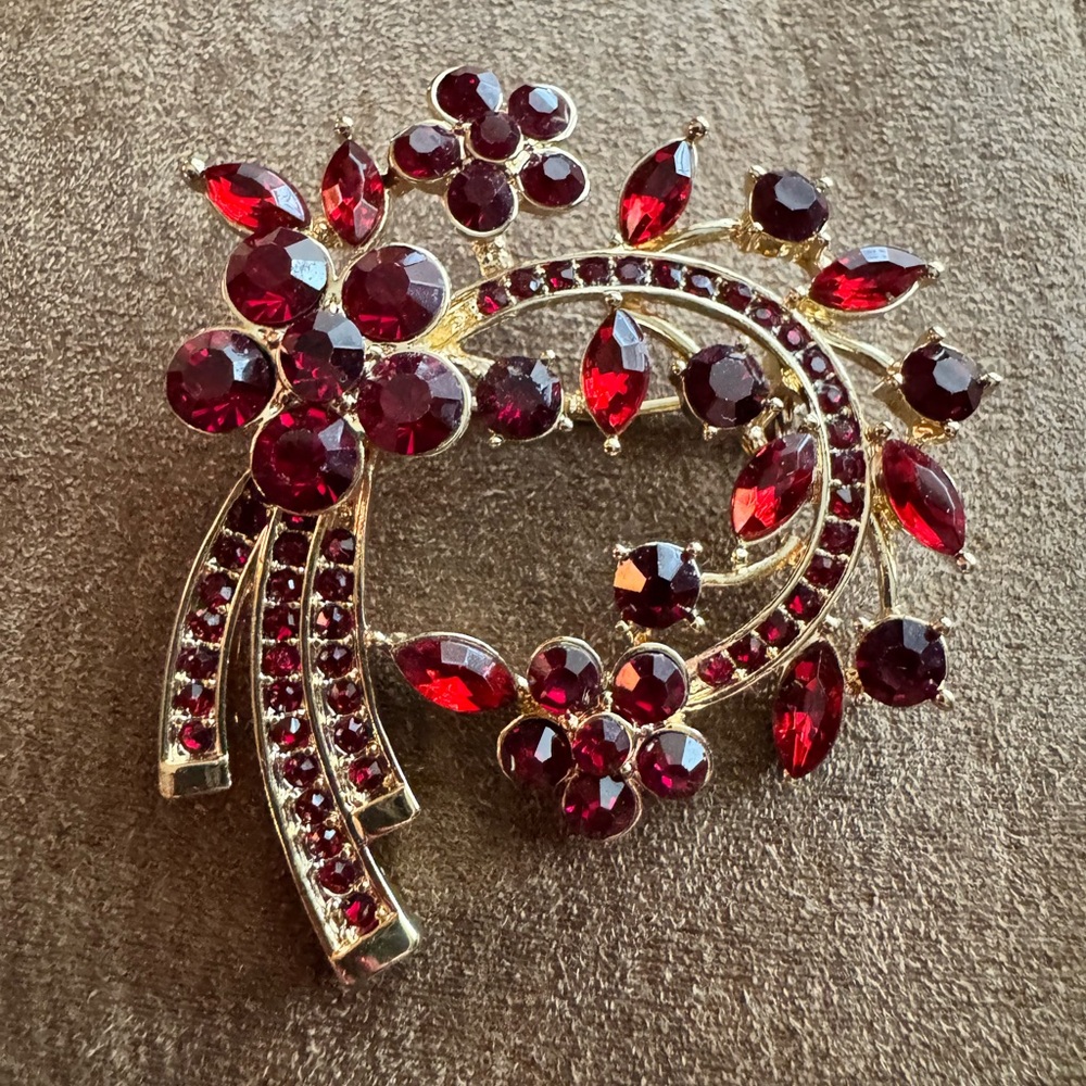 Red Rhinestone and Gold Floral Brooch